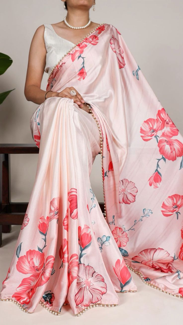 Peach Floral Print Saree